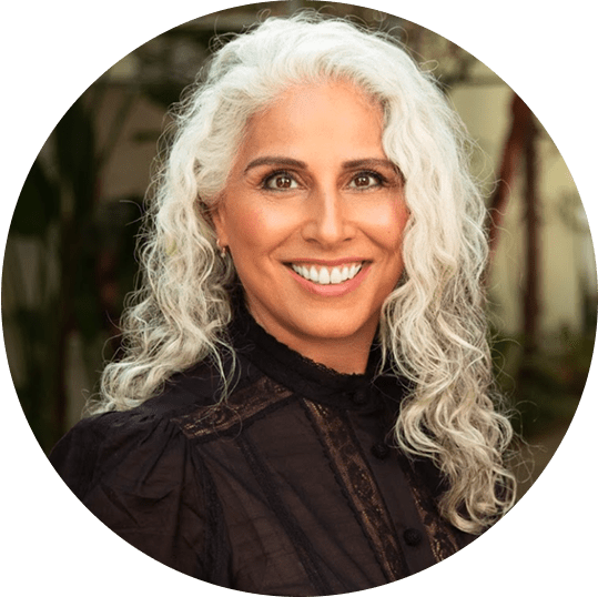 Azin Radsan van Alebeek smiling at the camera, wearing a black blouse with long, curly gray hair and a blurred background.